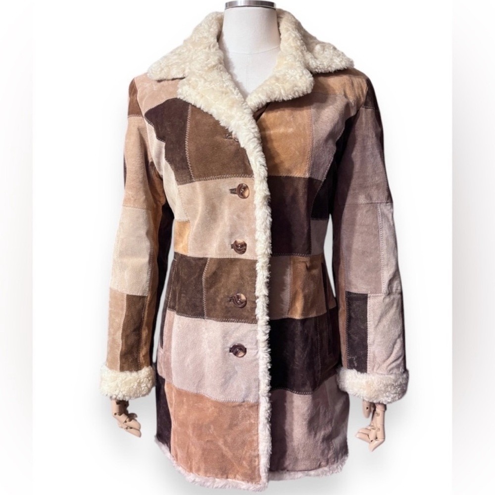 STATIC Patchwork Suede Leather Penny Lane Sherpa Coat Jacket Neutral Brown Tan M - Picture 2 of 8